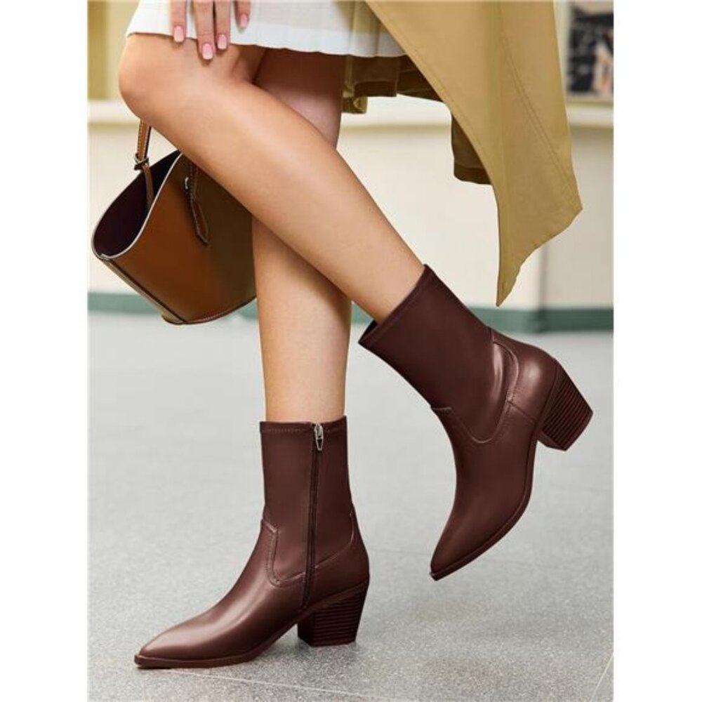 Womens Pointed Toe Ankle Boots Chunky Stacked Heel Side Zipper Leather - Picture 2 of 7
